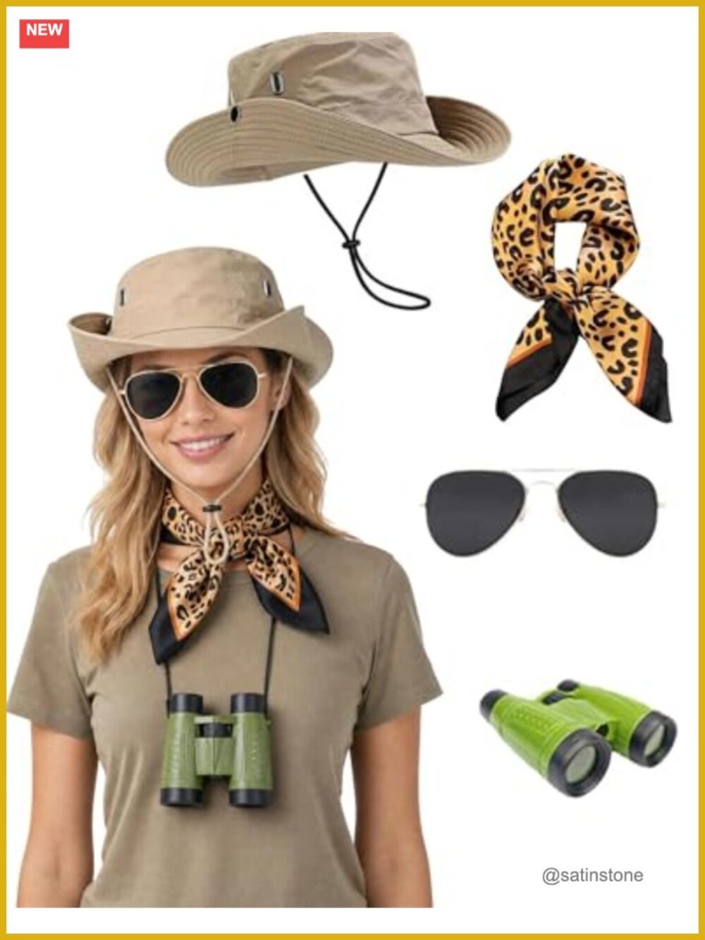 Safari Costume 4-Piece Set Wide Brim Sun Hat Leopard Scarf Binoculars
